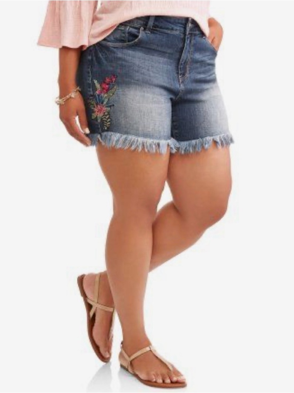 NWT Terra & Sky Boho Denim Frayed Hem Shorts with Floral Embroidery - Plus Size!